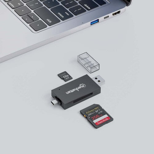 Manhattan USB-A / USB-C combo Multi-Card Reader/Writer, 5 Gbps (USB 3.2 Gen1 aka USB 3.0), Male to microSD and SD/MMC Slots, Mini Format, SuperSpeed USB, Windows or Mac, Black/Transparent, Three Year Warranty