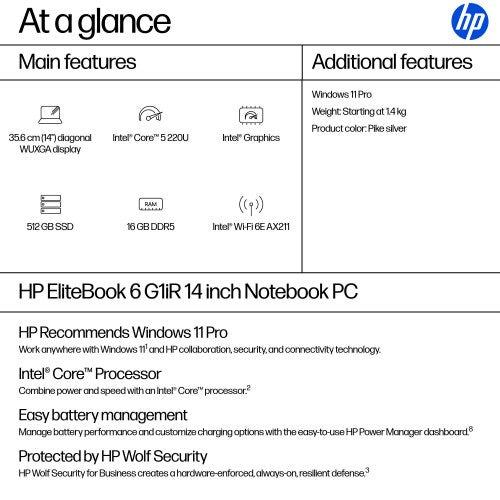 HP EliteBook 6 G1iR Intel Core 5 220U Laptop 35.6 cm (14") WUXGA 16 GB DDR5-SDRAM 512 GB SSD Wi-Fi 6E (802.11ax) Windows 11 Pro Silver