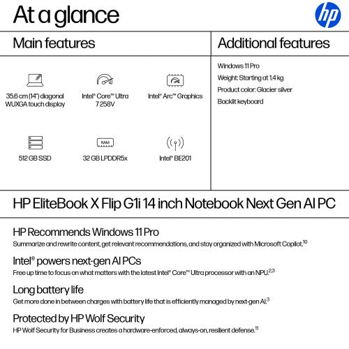 HP EliteBook X Flip G1i Next Gen AI PC Copilot+ PC Intel Core Ultra 7 258V Hybrid (2-in-1) 35.6 cm (14") Touchscreen WUXGA 32 GB LPDDR5x-SDRAM 512 GB SSD Wi-Fi 7 (802.11be) Windows 11 Pro Silver