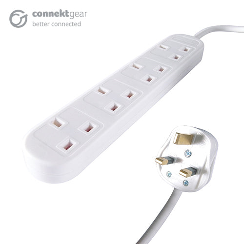 3m 4 Way Power Extension Block - UK Plug to 4 x UK Sockets - White