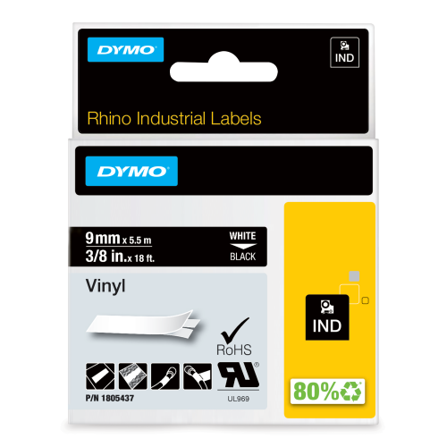 Dymo 1805437 Ribbon Vinyl white on black 9mmx5,5m for Dymo Rhino 6-12mm/19mm/24mm
