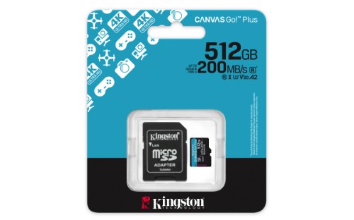 Kingston Technology 512GB microSDXC Canvas Go Plus Gen4 200MB/s A2 U3 V30 Card + Adapter
