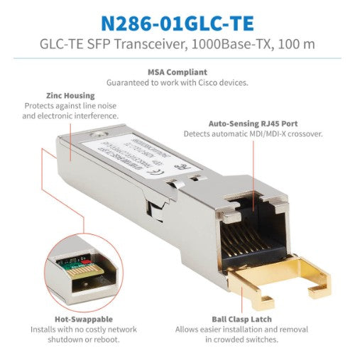 Tripp Lite N286-01GLC-TE Cisco-Compatible GLC-TE SFP Transceiver - 10/100/1000Base-TX, Copper, RJ45, Cat6, 328.08 ft. (100 m)