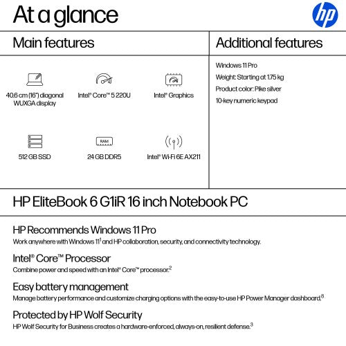 HP EliteBook 6 G1iR Intel Core 5 220U Laptop 40.6 cm (16") WUXGA 24 GB DDR5-SDRAM 512 GB SSD Wi-Fi 6E (802.11ax) Windows 11 Pro Silver