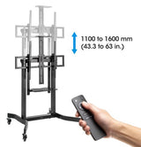 Manhattan Motorised Trolley Mount Stand for TV & Monitors, For screens: 60" to 100",VESA compatibility:all between 200x200 to 800x600mm -check the dimensions of the four mounting holes on back of screen to ensure it fits,Max 120kg,Height 1100 to 1600mm,LF