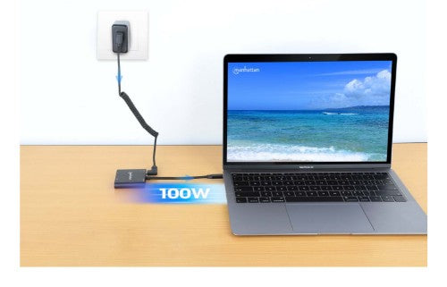 Manhattan USB-C to Dual HDMI & USB-A Adapter, Dual 4K@30Hz or Single 4K@60Hz, Power Delivery 100W, 480 Mbps (USB 2.0), Cable 15cm, Black, Male to Female, Three Year Warranty