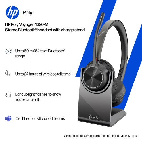 HP Poly Voyager 4320-M Microsoft Teams Certified Headset +BT700 dongle +Charging Stand
