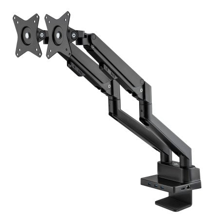 Manhattan Dual Desk Mount for TV & Monitors (Full Motion Gas Spring) with built-in Dock, For screens to 27", Ports (x7): Ethernet,HDMI (x2),USB-A (x3) and USB-C,Power Delivery (100W) to USB-C Port (Separate USB-C wall charger/cable needed),VESA: 75x75 and