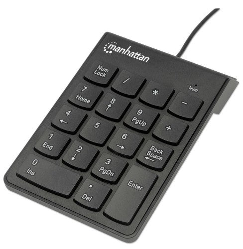 Manhattan Numeric Keypad, Wired, USB-A, 18 Full Size Keys, Black, Membrane Key Switches, Windows and Mac, Three Year Warranty