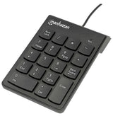 Manhattan Numeric Keypad, Wired, USB-A, 18 Full Size Keys, Black, Membrane Key Switches, Windows and Mac, Three Year Warranty