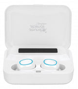 Manhattan Bluetooth Earphones, White, Microphone, Integrated Controls, Sweatproof, Noise Isolating, 5 hour usage time, Max Range 10m, Charging Case with Powerbank (1200mAh), Bluetooth v5.0, USB-A charging cable included, 3 Year Warranty
