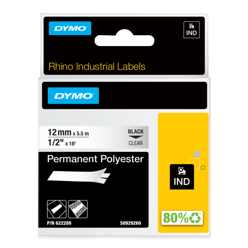 Dymo 622289 Ribbon Polyester permanent black on Transparent 12mm x 5,5m for Dymo Rhino 6-12mm/19mm/24mm