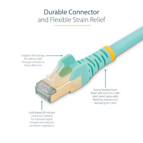StarTech.com 3m CAT6a Ethernet Cable - 10 Gigabit Shielded Snagless RJ45 100W PoE Patch Cord - 10GbE STP Network Cable w/Strain Relief - Aqua Individually Tested/Wiring is UL Certified/TIA