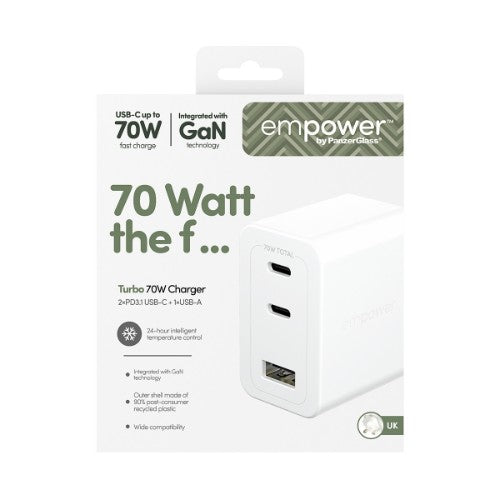 PanzerGlass empower™ by ® Turbo 70W Multiple Charger incl. 2 x USB-C + USB-A | UK Plug | Silver White