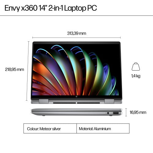 HP ENVY x360 14-fa0005na AMD Ryzen™ 5 8640HS Hybrid (2-in-1) 35.6 cm (14") Touchscreen 2K 16 GB LPDDR5-SDRAM 512 GB SSD Wi-Fi 6E (802.11ax) Windows 11 Home AI PC Silver