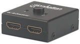 Manhattan HDMI Switch 2-Port, 4K@30Hz, Bi-Directional, Black, Displays output from x1 HDMI source to x2 HD displays (same output to both displays) or Connects x2 HDMI sources to x1 display, Manual Selection, No external power required, 3 Year Warranty