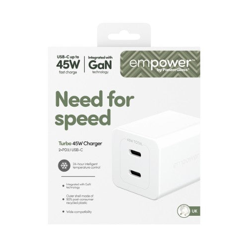 PanzerGlass empower™ by ® Turbo 45W Charger incl. 2 x USB-C | UK Plug | Silver White