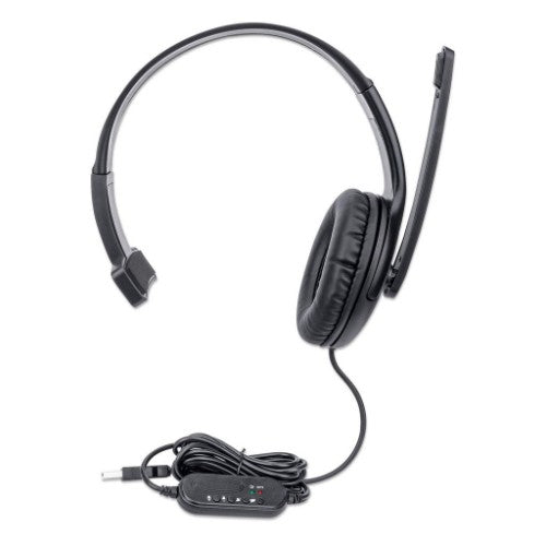 Manhattan Mono Over-Ear Headset (USB), Microphone Boom (padded), Retail Box Packaging, Adjustable Headband, In-Line Volume Control, Ear Cushion, USB-A for both sound and mic use, cable 1.5m, Three Year Warranty