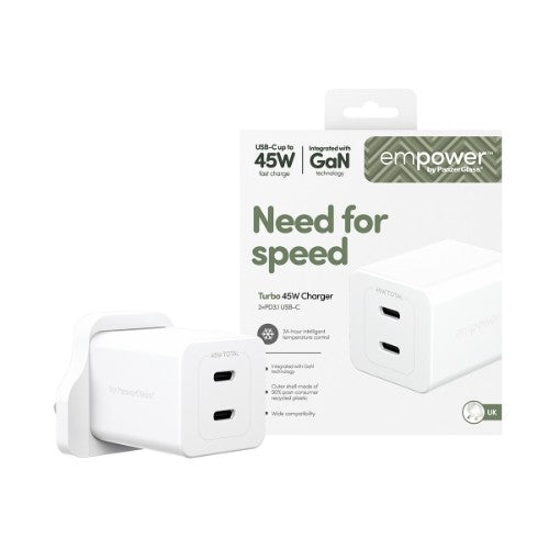 PanzerGlass empower™ by ® Turbo 45W Charger incl. 2 x USB-C | UK Plug | Silver White