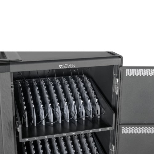 V7 30 Devices Schuko AC Charge Cart - Secure, Store and Charge Chromebooks, Notebooks and Tablets. Padded shelves with durable dividers, rubber casters, IEC 62368-1 Certified