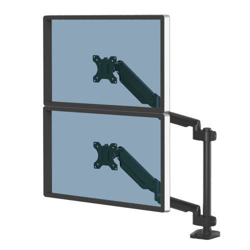 Fellowes Platinum Series Dual Stacking Monitor Arm - Monitor Mount for Two 8KG 27 Inch Screens - Adjustable Dual Monitor Desk Mount - Tilt 45° Pan 180° Swivel 360° Rotation 360°, VESA 75 x 75/100 x 100 - Black