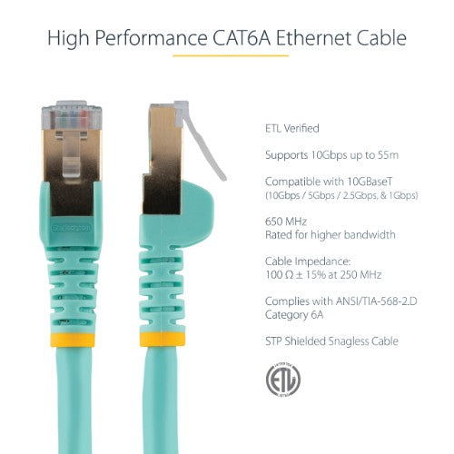 StarTech.com 3m CAT6a Ethernet Cable - 10 Gigabit Shielded Snagless RJ45 100W PoE Patch Cord - 10GbE STP Network Cable w/Strain Relief - Aqua Individually Tested/Wiring is UL Certified/TIA