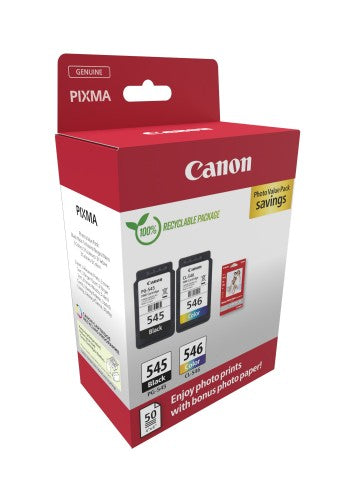 Canon 8287B008/PG-545+CL-546 Printhead cartridge multi pack black + color + Photopaper 50 sheet, 2x180 pages ISO/IEC 24711 8ml Pack=2 for Canon Pixma MG 2450
