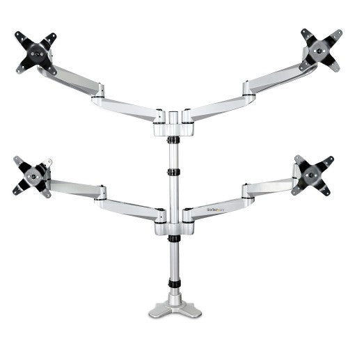 StarTech.com Desk Mount Quad Monitor Arm – Premium Articulating VESA 4 Monitor Mount 2x2 up to 30" – Ergonomic Height Adjustable Pole Mount - Tilt/Swivel/Rotate - C-Clamp/Grommet - Silver