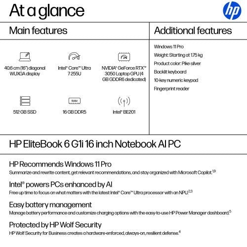 HP EliteBook 6 G1i Intel Core Ultra 7 255U Laptop 40.6 cm (16") WUXGA 16 GB DDR5-SDRAM 512 GB SSD Wi-Fi 7 (802.11be) Windows 11 Pro AI PC Silver