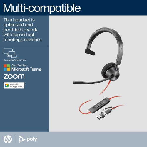 HP Poly Blackwire 3310 Monaural Microsoft Teams Certified USB-C Headset +USB-C/A Adapter