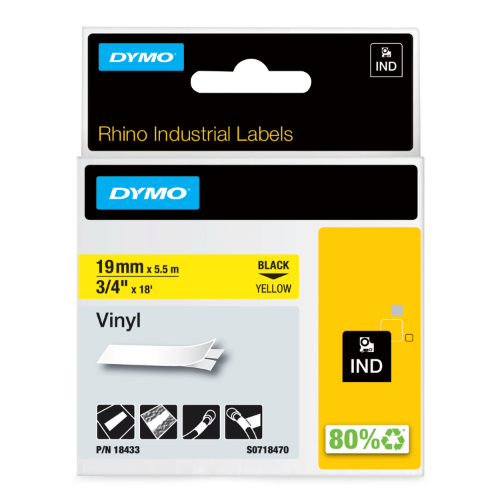 Dymo 18433/S0718470 Ribbon Vinyl black on yellow 19mm x 5,5m for Dymo Rhino 6-19mm/24mm