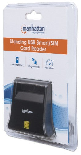 Manhattan USB-A Smart/SIM Card Reader, 480 Mbps (USB 2.0), Desktop Standing, Friction Type compatible, Hi-Speed USB, Cable 86cm, Black, Three Year Warranty