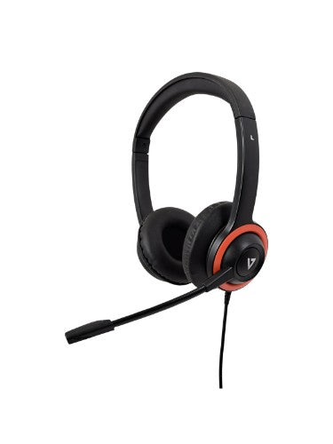V7 Safesound Education k-12 Headset with Microphone, volume limited, antimicrobial, 2m cable, 3.5mm, Laptop Computer, Chromebook, PC - Black, Red