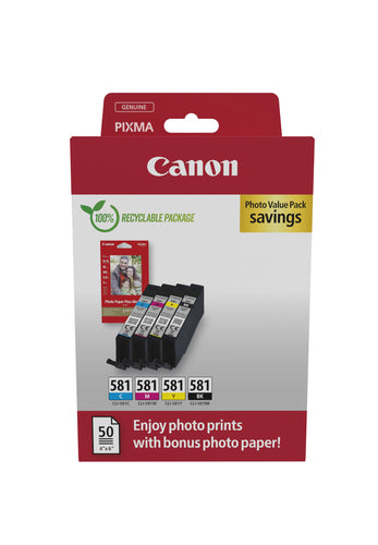 Canon 2106C006/CLI-581 Ink cartridge multi pack Bk,C,M,Y + Photopaper 50 sheet 10x15cm 1505/256/237/257 pg Pack=4 for Canon Pixma TS 6150/8150