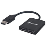 Manhattan DisplayPort 1.2 to 2-Port HDMI Splitter Hub with MST, 4K@30Hz, USB-A Powered, Video Wall Function, HDCP 2.2, Black, MST = Multi-Stream Transport, 3 Year Warranty