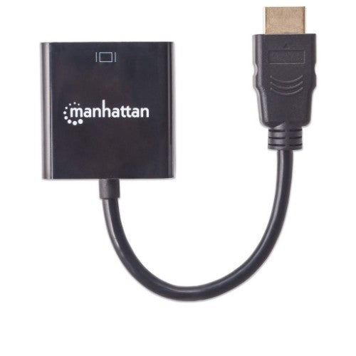 Manhattan HDMI to VGA Converter cable, 1080p, 30cm, Male to Female, Micro-USB Power Input Port for additional power if needed, Black, Three Year Warranty, Equivalent to HD2VGAE2.