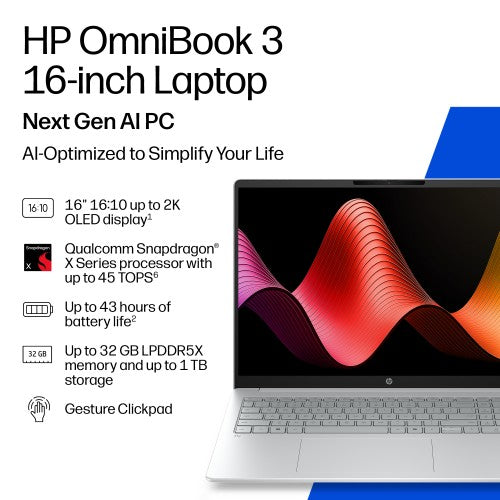 HP OmniBook 3 Laptop Next Gen AI 16-bz0013nax Copilot+ PC Snapdragon 40.6 cm (16") 2K 16 GB LPDDR5x-SDRAM 256 GB SSD Wi-Fi 6E (802.11ax) Windows 11 Home Silver