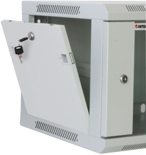 Intellinet 19" Network Cabinet - Wall Mount (Standard), 6U, 600mm Deep, Grey, Assembled, Max 60kg, Suitable also for use on desk or floor, Usable Depth 500mm, Metal & Glass Door, Back Panel, Removeable Sides, Parts for wall install (eg screws/rawl plugs)