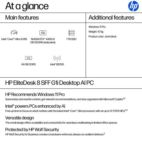 HP EliteDesk 8 SFF G1i AI Intel Core Ultra 9 285 64 GB DDR5-SDRAM 1 TB SSD NVIDIA RTX A400 Windows 11 Pro PC AI PC Black