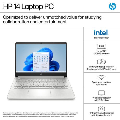 HP 14-dq6002na Intel® N N150 Laptop 35.6 cm (14") HD 4 GB DDR4-SDRAM 128 GB UFS Wi-Fi 6 (802.11ax) Windows 11 Home in S mode Black