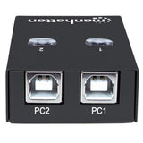 Manhattan USB-A Automatic Sharing Switch, 2x USB-B Ports, 480 Mbps (USB 2.0), Dual Control (Auto-Sensing or Manual), Bus Powered, Hi-Speed USB, inc 1x 1.5m USB-A to USB-B cable, Black, Three Year Warranty