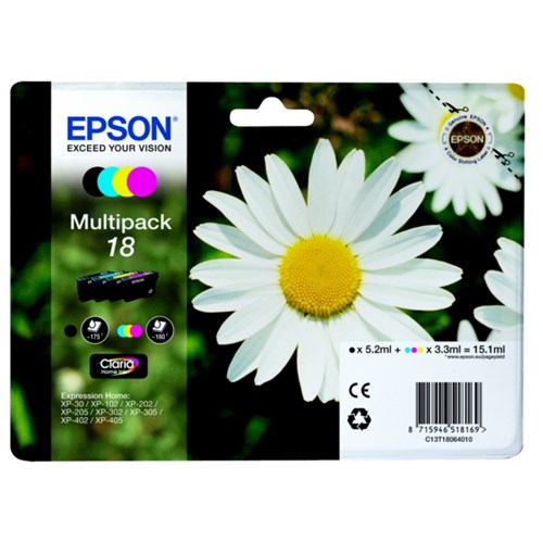 Epson C13T18064012/18 Ink cartridge multi pack Bk,C,M,Y 175pg + 3x180pg, 1x 5ml + 3x 3ml Pack=4 for Epson XP 30