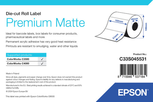 Epson C33S045531 Continous label roll matt die-cut 102mm x 51mm 650 Pack=1 for Epson TM-C 3400/3500