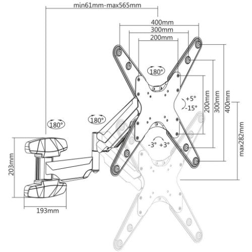 Manhattan Wall Mount for TV & Monitors (Spring Arm 3 pivots), For screens 17" to 55", VESA compatibility: all between 75x75mm to 400x400mm - check the dimensions of the four mounting holes on back of screen to ensure it fits, Max 30kg, Black, Bracket