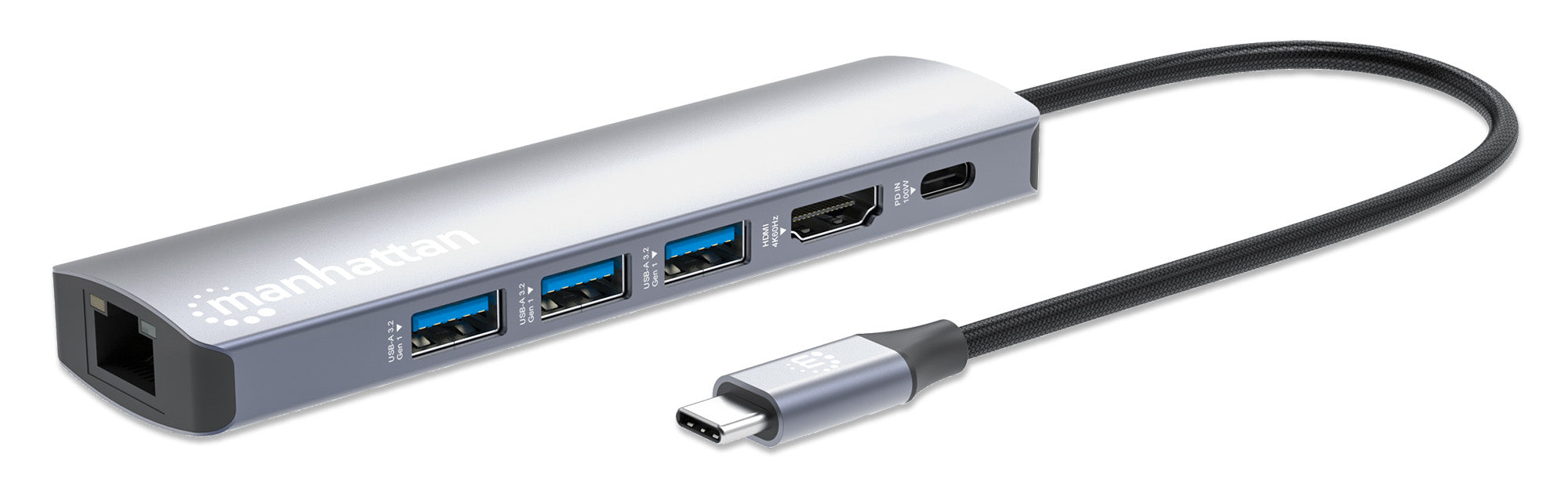 Manhattan USB-C Dock/Hub, Ports (x6): Ethernet, HDMI, USB-A (x3) and USB-C, With Power Delivery (100W) to USB-C Port (Note additional USB-C wall charger and USB-C cable needed), USB 3.2 Gen 1, All Ports can be used at the same time, Aluminium, Silver  - Computers - Manhattan