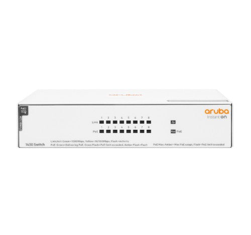 HPE Aruba Networking Aruba Instant On 1430 8G Class4 PoE 64W Unmanaged L2 Gigabit Ethernet (10/100/1000) Power over Ethernet (PoE) White