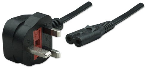 Manhattan Mains Power Cord/Cable, UK 3-pin plug to C7 Female (figure of eight), 1.8m, 13A, Black, Lead, Lifetime Warranty