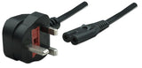 Manhattan Mains Power Cord/Cable, UK 3-pin plug to C7 Female (figure of eight), 1.8m, 13A, Black, Lead, Lifetime Warranty