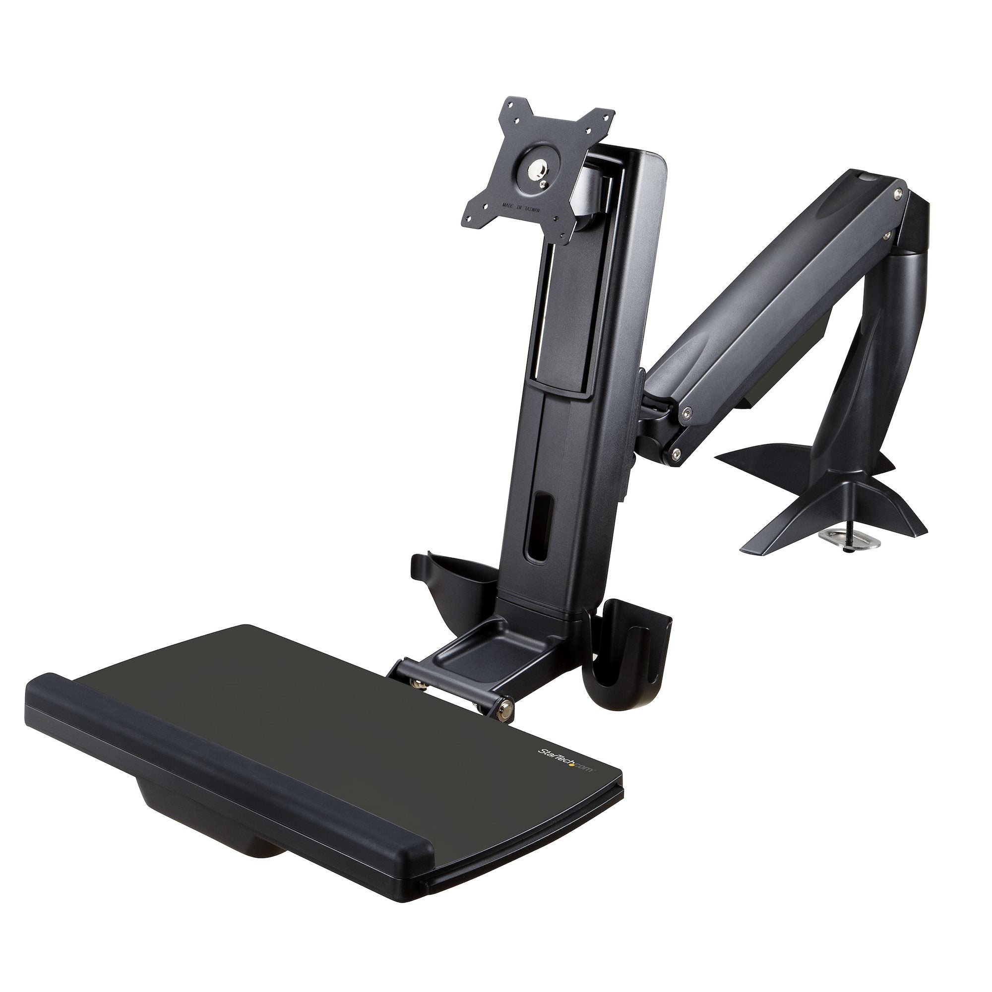 Sit Stand Monitor Arm - Desk Mount Adjustable Sit-Stand Workstation Arm for Single 34" VESA Mount Display - Ergonomic Articulating Standing Desk Converter with Keyboard Tray