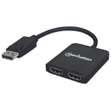 Manhattan DisplayPort 1.2 to 2-Port HDMI Splitter Hub with MST, 4K@30Hz, USB-A Powered, Video Wall Function, HDCP 2.2, Black, MST = Multi-Stream Transport, 3 Year Warranty